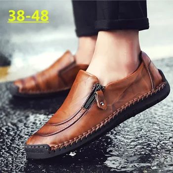 Класически мъжки ежедневни обувки от естествена кожа дишащи мъжки апартаменти мокасини мокасини цип мъжки шофиране мъжки обувки голям размер 38-48