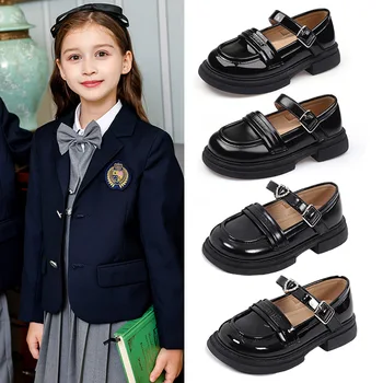 Кожени обувки за момичета 2024 Нови меки подметки Детски обувки за изпълнение Малко момиче принцеса черни единични обувки
