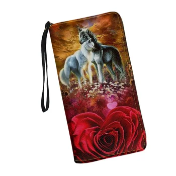 Кожени портфейли за жени Вълк с червена роза дизайн луксозен цип пътуване момичета чантата дами карта организатор Свети Валентин подаръци