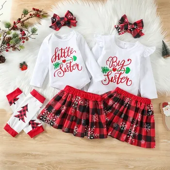 Коледа бебе момиче облекло комплект 4PCS дълъг ръкав писмо печат риза пола чорапи лента за глава новородено фестивал облекло за 0-12 месец