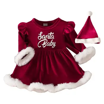 Коледа малко дете бебе деца бебе момичета червена рокля дълъг ръкав A-линия рокли и шапка сладък коледен костюм