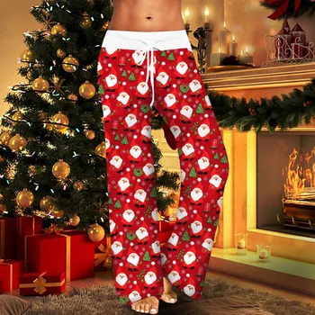 Коледа печатни панталони жени реколта ластик висока талия шнур панталони хлабав широк крак открит спортни панталони Pantalones