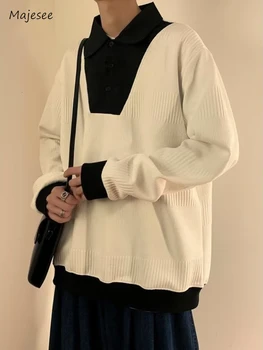 Контрастен цвят пуловери мъже топла мода случайни пролет есен торбести фалшиви две парчета корейски стил всички мач тийнейджъри прост шик