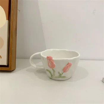 корейски инс стил висока красота кафе чаша триизмерен релеф лале ретро ниша чаша мляко чаша следобед чай чаша сок чаша