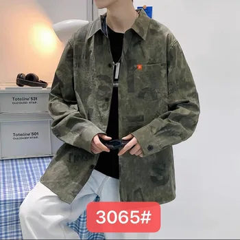 Корейски модни дрехи мъжки камуфлаж дълъг ръкав инструментална риза Y2K есен нов дизайнер мъже бутон нагоре риза Chemise Homme Man