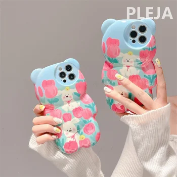 корейски сладък лале цвете кученце телефон случай за iphone 13 11 12 14 Pro Max 14 плюс корица карикатура 3D мечка силиконови удароустойчиви случаи