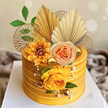 Костюм Златна палма листа хартия фен торта топер роза цвете метална топка бебе душ романтична сватба рожден ден торта декорация