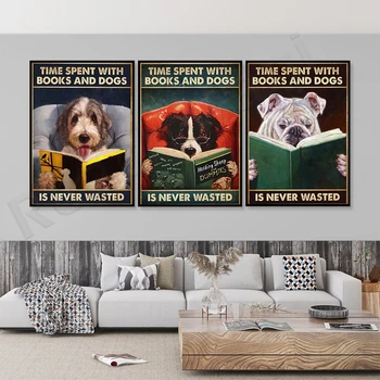 куче плакат, момиче обича куче плакат, любов книга плакат, куче мама подарък, време с книга и куче никога не се губи ретро плакат