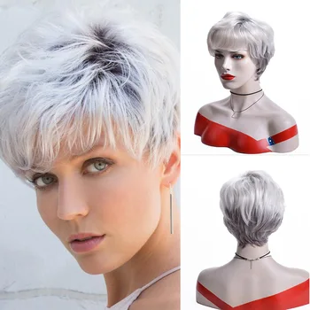 Къси европейски и американски перуки за жени Синтетична бяла пухкава права коса високотемпературна влакнеста боядисана перука Daily UseCosplay