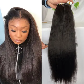 Лента в разширенията за коса Човешка коса Yaki права кожа вътък лента за черни жени 40 бр. 100g на опаковка лепило в разширения за коса