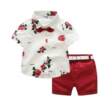 Летни ежедневни комплекти за момчешко облекло Детски памучен цветен печат папийонка ризи + колан декор шорти 2бр момчета костюми