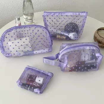 Лилава прозрачна мрежеста козметична чанта за жени Heart Wave Point Make Up Bag Travel Storage Bag Simple Portable Wash Bag