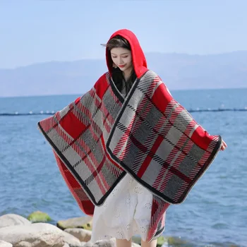 Луксозен кариран печат качулати одеяла хлабав жени отворен бод пискюл шал ретро стил памук средна дължина есенен шал T377