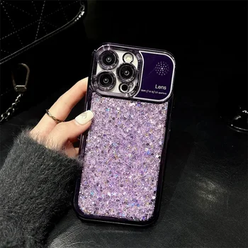 Луксозен лилав галванично ароматни резени Glitter телефон случай за iPhone13 14 15 Pro макс обектив защита удароустойчив мек капак