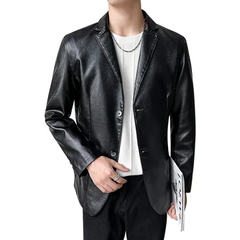 Луксозен мъжки черен изкуствена кожа нетактичност случайни твърди тънък годни костюм яке палто два бутона корейски стил красив облекло мъж