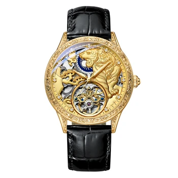 Луксозна кожа злато тигър скелет автоматични механични часовници за мъже китка часовник неръждаема стомана каишка злато часовник водоустойчив
