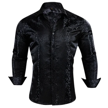 Луксозни копринени ризи за мъже черни флорални пролетни есенни бродирани бутони надолу върхове редовни тънък годни мъжки блузи дишаща 648