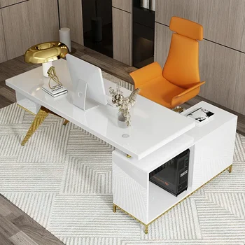 Луксозно работно бюро за офис мебели с чекмеджета и златна рамка от неръждаема стомана Стъклен плот компютърна работна маса