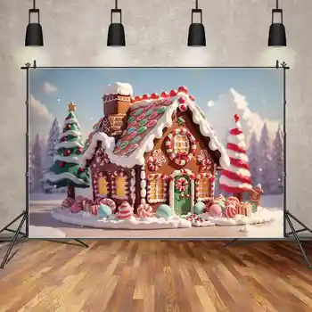 ЛУНА. QG фон Коледа бебе кабина Gingerbread къща фонове дървета патерица парти декорации фотозонова фотография подпори