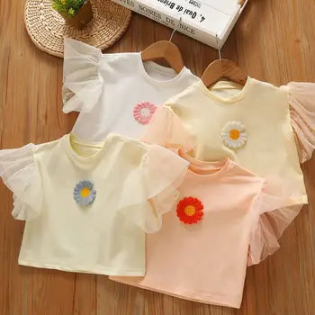 Лятна мода момиче тениска деца къси ръкави дантелени тениски бебе деца памучни върхове за момичета