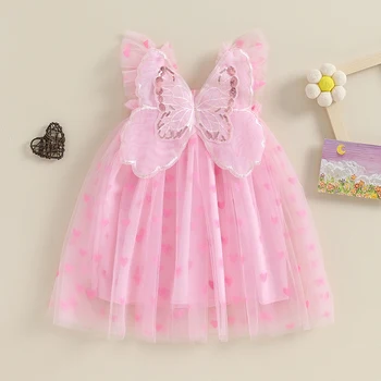 малко дете бебе момиче пайети сърце печат тюл рокля принцеса дантела пачка рокля цвете момиче фея рокля екипировки