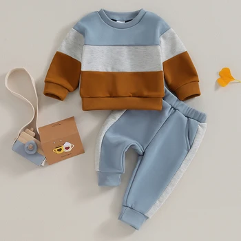 Малко дете бебе момче 2бр есен sweatsuit облекло контраст цвят върховете и еластична талия панталони сладък малко момче