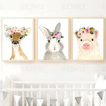 Малко животно детска стая декорация живопис с венец елен заек прасенце таралеж патица котка хол стена платно плакат