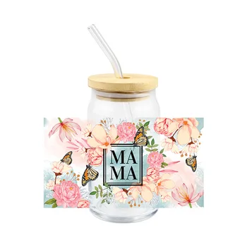 мама UV DTF трансфер розови цветя пеперуда дизайн стъклени кутии обвивам потребителски стикер модни жени DIY водоустойчива чаша за кафе