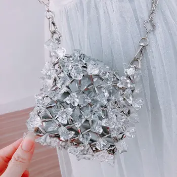 Мини акрилна кристална стъклена верижна чанта Ръчно изработена чанта с мъниста Crossbody Прозрачна фея мобилен телефон чанта