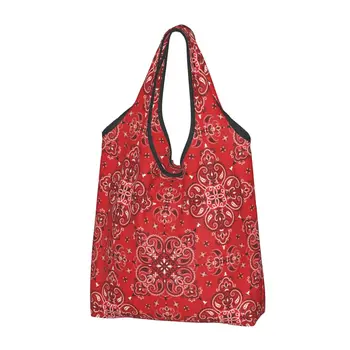 многократна употреба Paisley модел пазарски чанти за хранителни стоки сгъваеми червени Boho хранителни чанти миещи се големи пазарски чанти