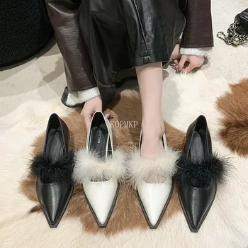 Мода Мери Джейнс жени високи токчета обувки кожа мулета заострени пръсти космати пързалки елегантен луксозен дизайнер дамски обувки офис помпи