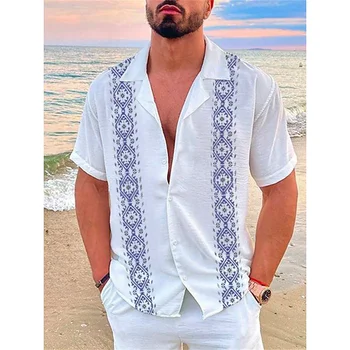 Мода нова мъжка риза Хавайска риза геометричен печат Куба яка бяла хавайски къс ръкав плюс размер висококачествено палто