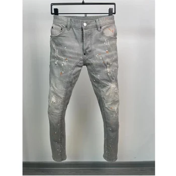 Модерен мъжки писмо High Street деним плат панталони мода случайни дупка спрей боядисани дънки A606