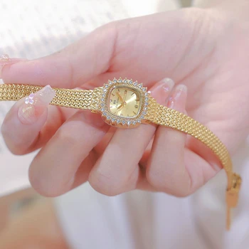 Модна марка Луксозен дамски часовник с кристали Златна мрежа Диамантени часовници Малък дамски часовник за жени Relogios Feminino