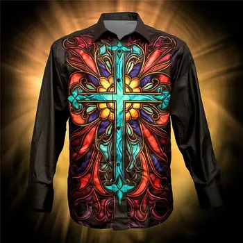 Модна мъжка риза с дълъг ръкав 3d цветна кръст отпечатана хавайска риза за мъже улична мода дизайнер извънгабаритни ежедневни ризи