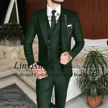 Модни зелени сватбени костюми за мъже Peaked ревера Slim Fit младоженец смокинги 3 парчета комплекти мъжки абитуриентски блейзър Groomsmen костюм Homme
