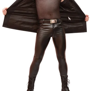 Модни мъже Високо еластични лъскави панталони с молив Секси Тесни PU изкуствена кожа Лъскава сцена пънк чорапогащи панталони Моторни кожени панталони