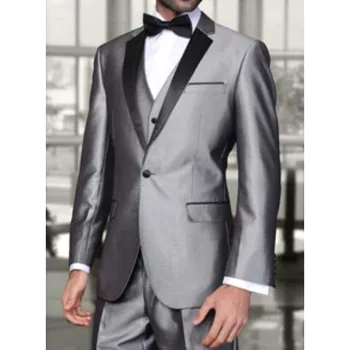Модни мъжки костюми тънък годни сватба младоженец смокинг сребърен прорез ревера един бутон сатен мъжки костюм бизнес случайни 3 парче нетактичност комплект