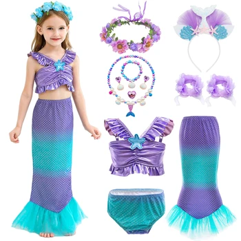 Момиче принцеса малка русалка Ариел рокля деца Хелоуин фантазия костюм деца карнавал рожден ден дрехи лято 3бр комплект
