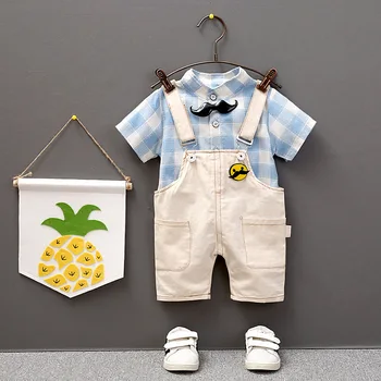 Момче костюм лято нови деца къс ръкав бебе мода риза каишка момчета комплекти
