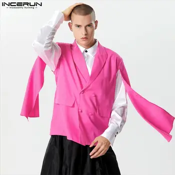 Мъже Блейзър наметало плътен цвят ревера дълъг ръкав 2023 улично облекло мода ежедневни костюми мъже двуреден мъжки палта S-5XL INCERUN