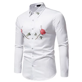 Мъже Елегантна роза бродерия ризи Casual дълъг ръкав 2023 есенна риза тънък мъжки социална риза Camisa Masculina Мъжко облекло