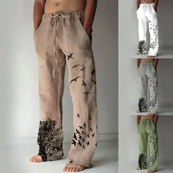 Мъже Реколта панталони летящи птици печат джобове есен зима хлабав отпечатани прави панталони за улично облекло мъжки дрехи Ropa Hombre