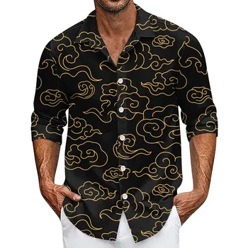 Мъже Хавайски ризи Лятна мода Свободна риза с дълъг ръкав Мъжка едноредна ревер яка Camisa извънгабаритни Ropa Para Homme