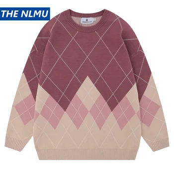 Мъже Хип-хоп плетен пуловер Streetwear Gradient Plaid Pullover 2023 Есен Harajuku памук ежедневни трикотаж пуловер Y2K