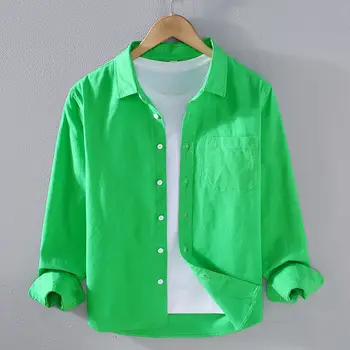 Мъжка ежедневна риза Изненадваща яка памучна ленена блуза Свободна мода ризи дълъг ръкав пролет лято марка улично облекло върхове Q508