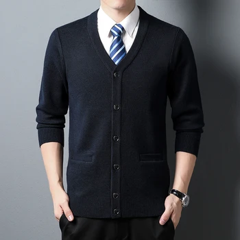 Мъжка жилетка плътен цвят карирана мода случайни плетени пуловер топло v-образно деколте пуловер мъжки върхове