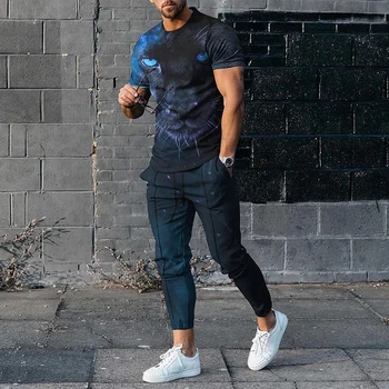 Мъжка модна тениска и панталонКомплект от две части Lion 3D отпечатани мъжки комплекти Casual Suit