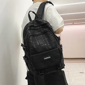Мъжка тенденция решетка стил найлон плат мода сто голям капацитет студент ученическа чанта прост случайни пътуване открит раница