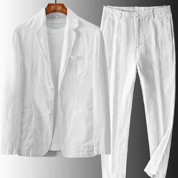 Мъжки 2 парче бельо памучни костюми джоб бял черен за случайни официални мъжки костюм облекло яке тънък стил през пролетта и лятото